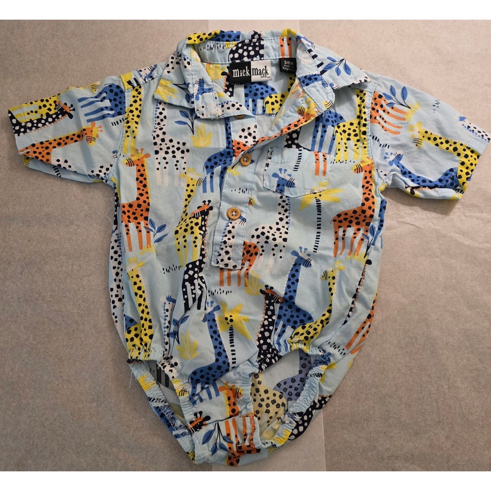 Mick Mack LTD Baby Giraffe Print Romper Light Blue Short Sleeve 3-6 Months